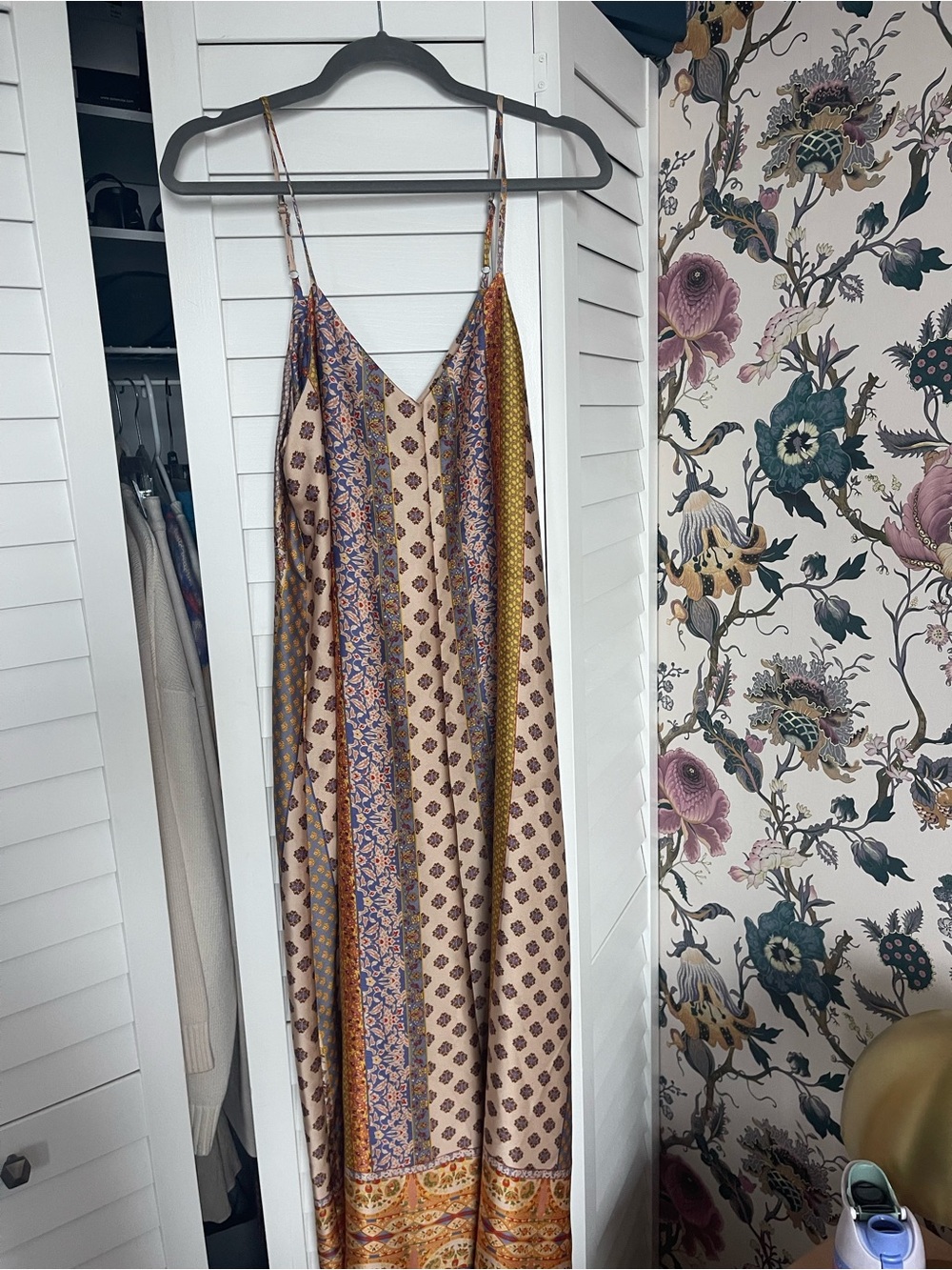 Boho Satin Maxi Slip Dress in Beige and Multi-Print